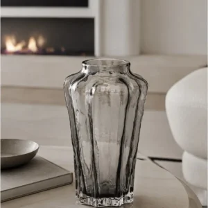 Designer Ribbed Smoked Glass Vase in slate — in a room setting