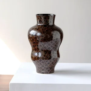 Hand-Made Ring Pattern Gourd Vase in Dark Brown Glaze — front view