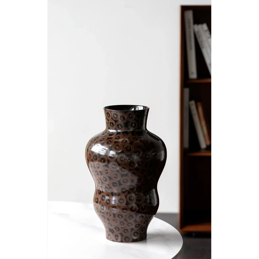 Hand-Made Ring Pattern Gourd Vase in Dark Brown Glaze — in a room setting