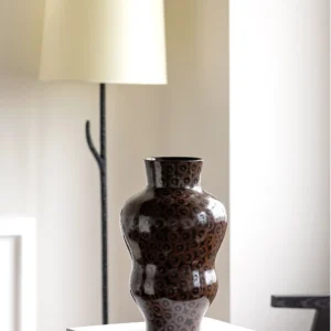 Hand-Made Ring Pattern Gourd Vase in Dark Brown Glaze — in a room setting
