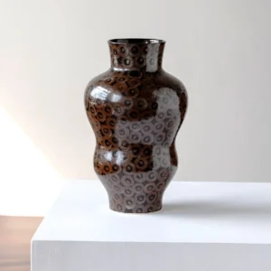 Hand-Made Ring Pattern Gourd Vase in Dark Brown Glaze — in a room setting