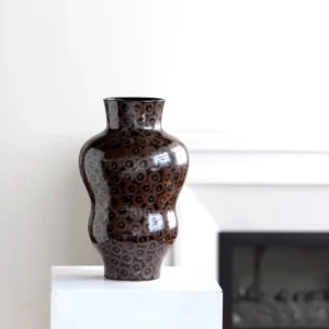 Hand-Made Ring Pattern Gourd Vase in Dark Brown Glaze — in a room setting