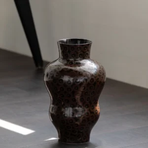 Hand-Made Ring Pattern Gourd Vase in Dark Brown Glaze — in a room setting
