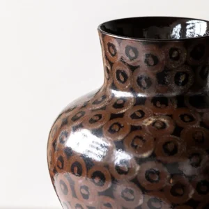 Hand-Made Ring Pattern Gourd Vase in Dark Brown Glaze — in a room setting