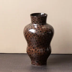 Hand-Made Ring Pattern Gourd Vase in Dark Brown Glaze — in a room setting