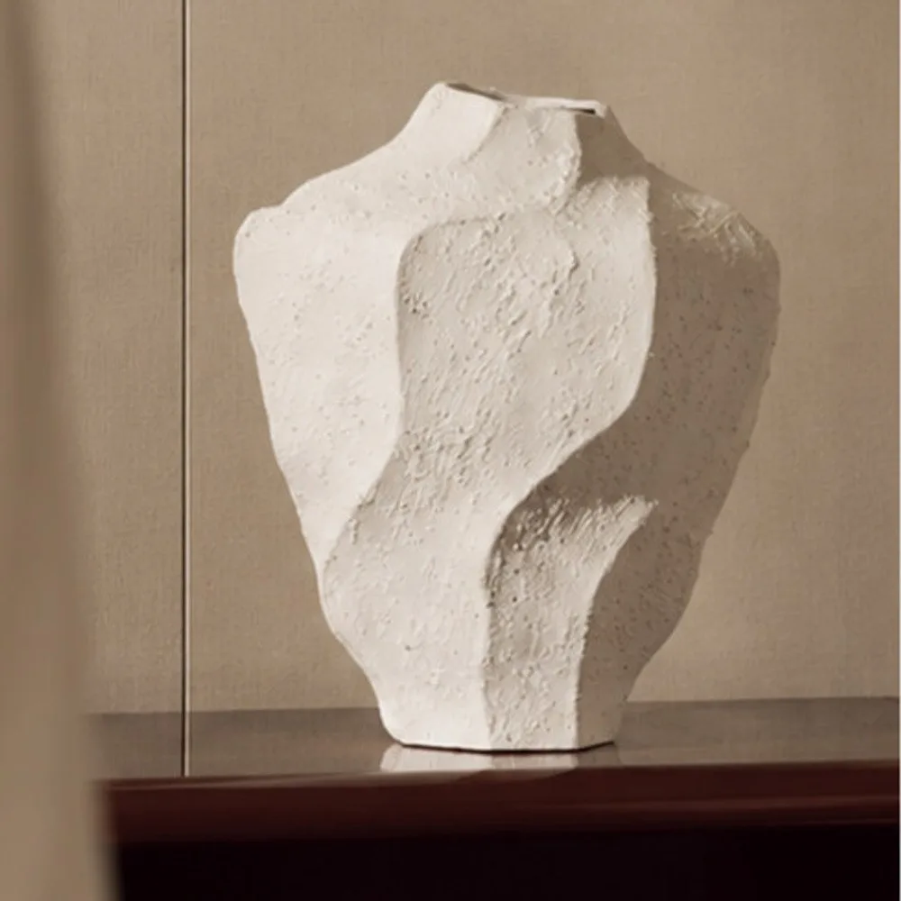 Designer Rock Texture Folded Ceramic Vase, Short in ivory — front view