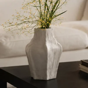 Designer Multi-Faceted Sand Ceramic Vase, Small or Large in oatmeal — front view