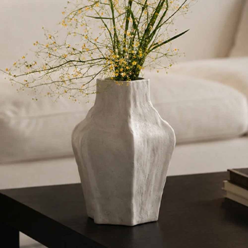 Designer Multi-Faceted Sand Ceramic Vase, Small or Large in oatmeal — front view