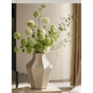 Designer Multi-Faceted Sand Ceramic Vase, Small or Large in oatmeal — in a room setting