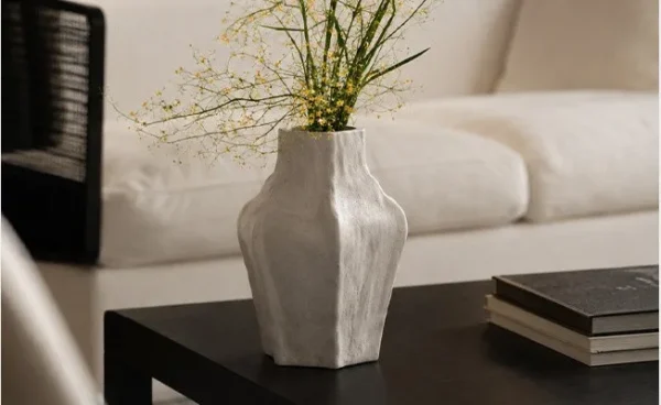 Designer Multi-Faceted Sand Ceramic Vase, Small or Large in oatmeal — in a room setting