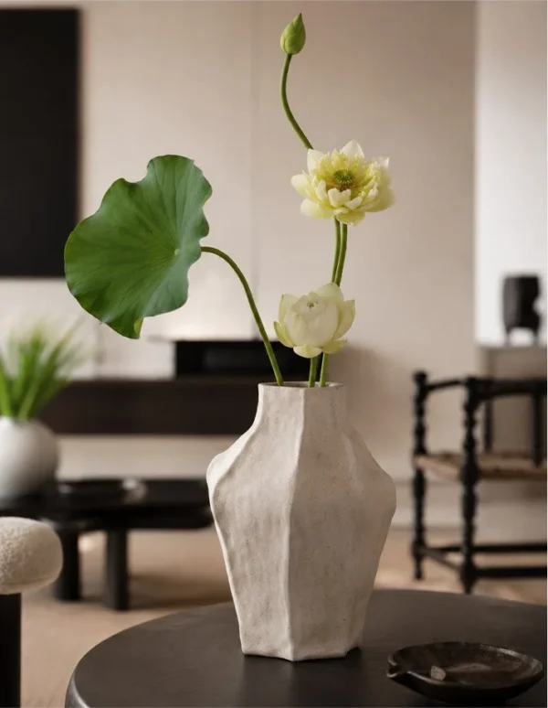 Designer Multi-Faceted Sand Ceramic Vase, Small or Large in oatmeal — in a room setting