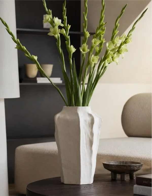 Designer Multi-Faceted Sand Ceramic Vase, Small or Large in oatmeal — in a room setting