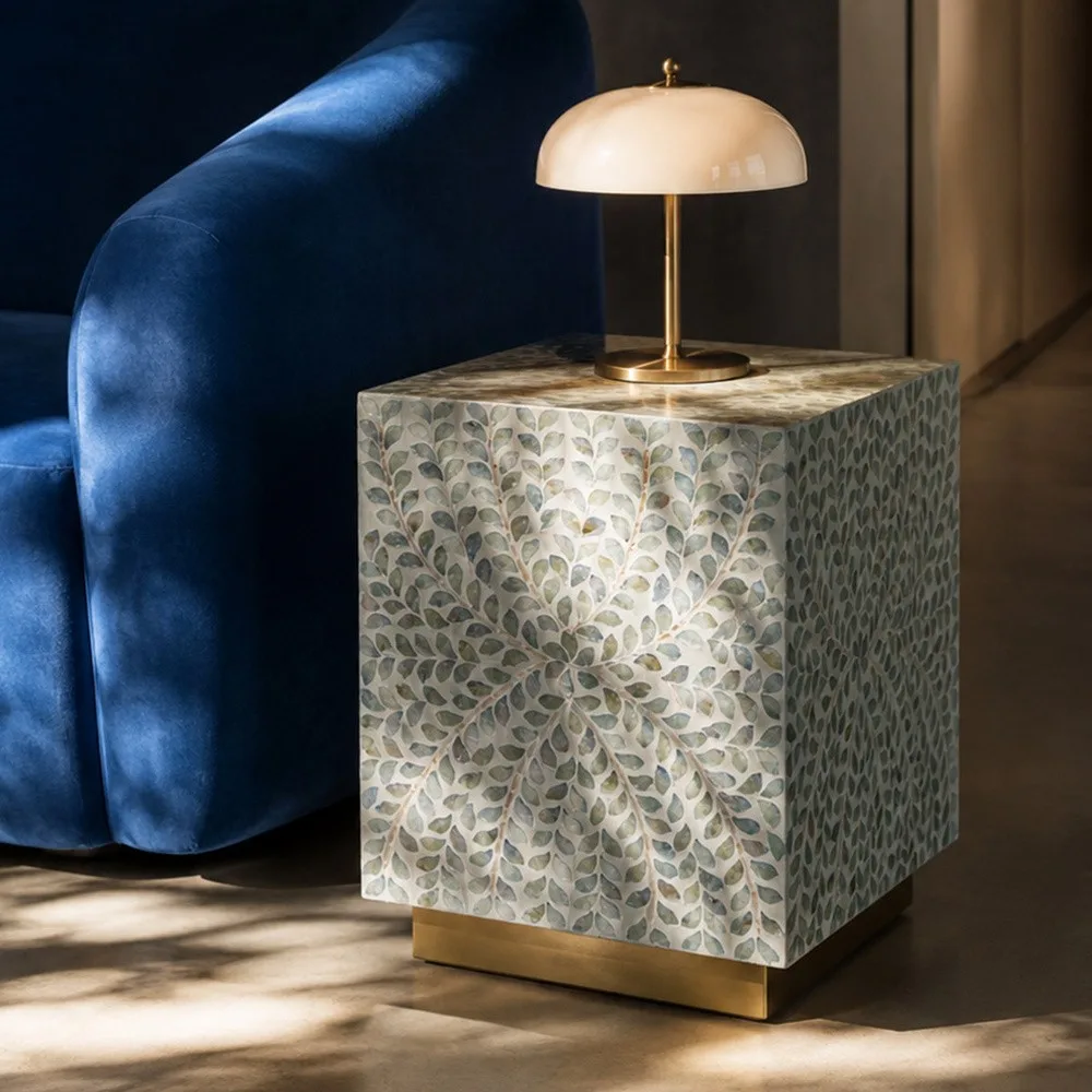 Green Leaf Capiz Shell Square Side Table on Brass Plinth in olive — front view
