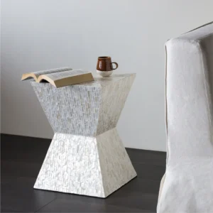Hand-Inlaid Capiz Shell Hourglass Side Table in ivory — front view