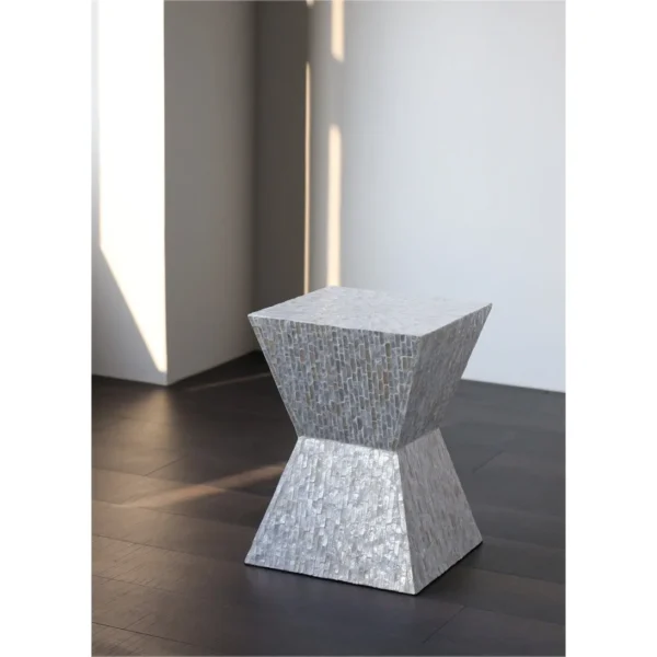 Hand-Inlaid Capiz Shell Hourglass Side Table in ivory — in a room setting
