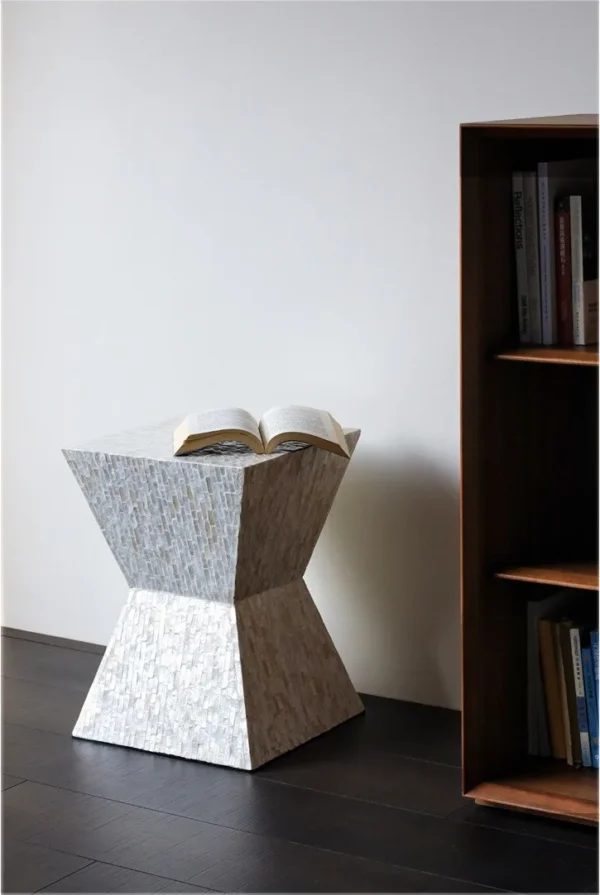 Hand-Inlaid Capiz Shell Hourglass Side Table in ivory — in a room setting