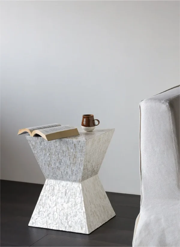 Hand-Inlaid Capiz Shell Hourglass Side Table in ivory — in a room setting