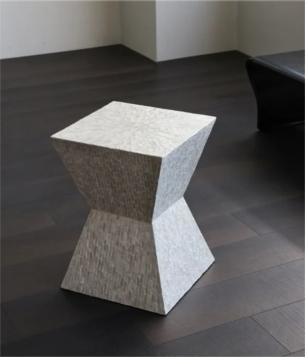 Hand-Inlaid Capiz Shell Hourglass Side Table in ivory — in a room setting
