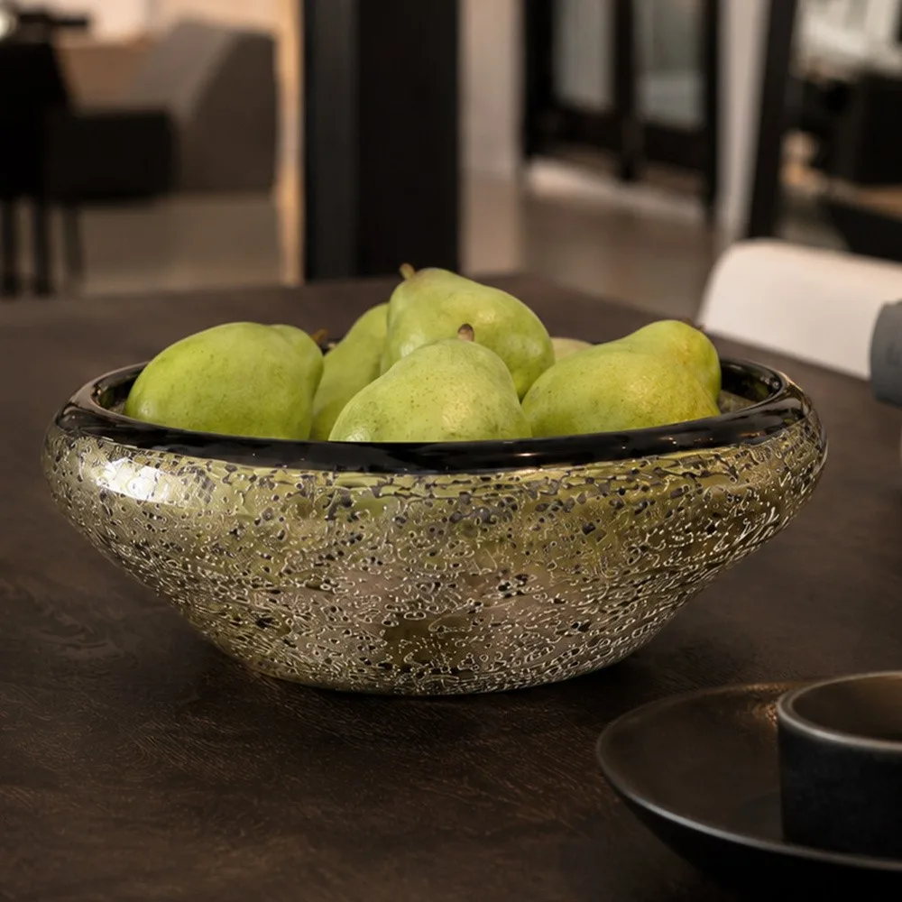 Hand-Made Silver-Speckled Glass Fruit Bowl, Star Gravel in silver — front view