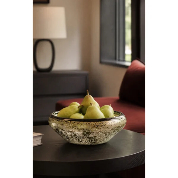 Hand-Made Silver-Speckled Glass Fruit Bowl, Star Gravel in silver — in a room setting