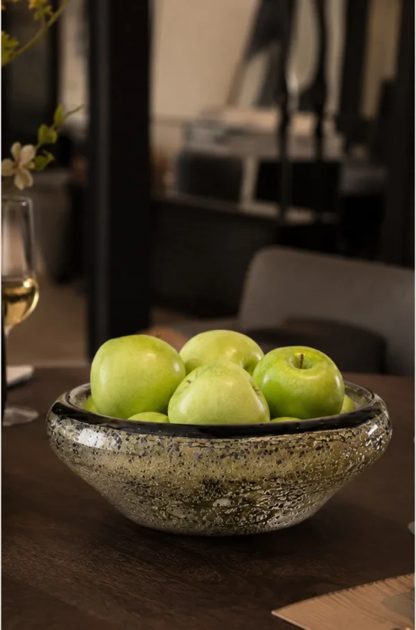 Hand-Made Silver-Speckled Glass Fruit Bowl, Star Gravel in silver — in a room setting