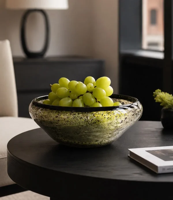 Hand-Made Silver-Speckled Glass Fruit Bowl, Star Gravel in silver — in a room setting