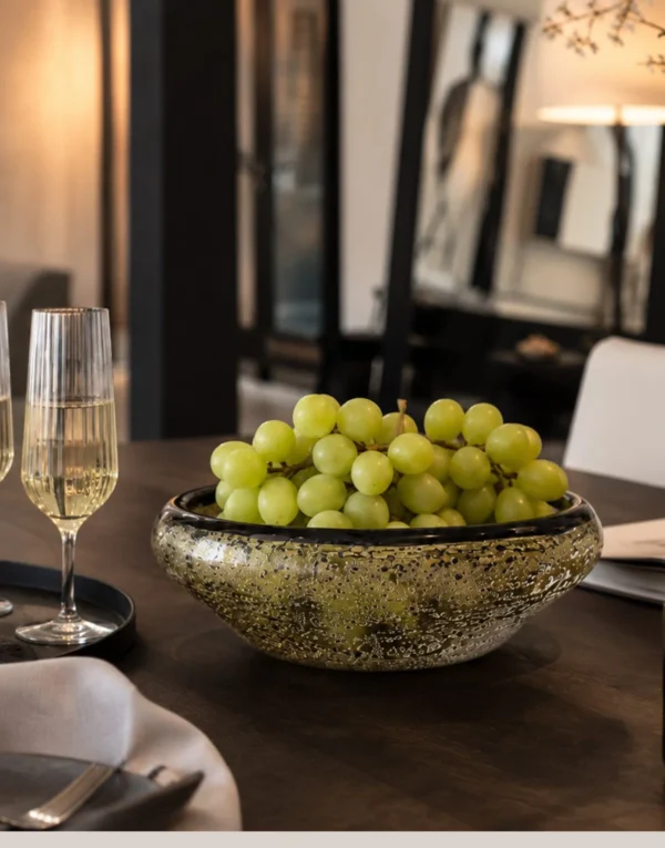 Hand-Made Silver-Speckled Glass Fruit Bowl, Star Gravel in silver — in a room setting