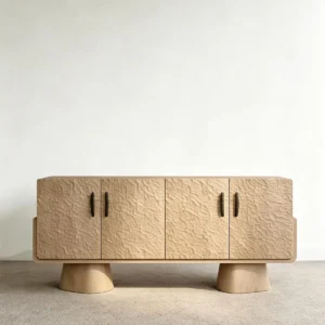 Hand-Carved Textured Oak Sideboard on Cone Feet — front view