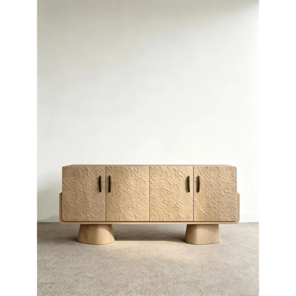 Hand-Carved Textured Oak Sideboard on Cone Feet in natural oak — in a room setting