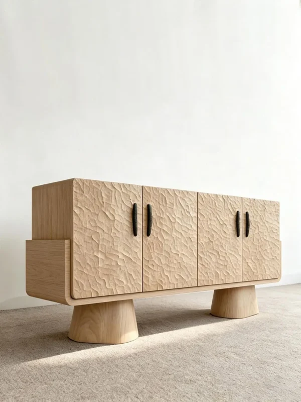 Hand-Carved Textured Oak Sideboard on Cone Feet in natural oak — in a room setting