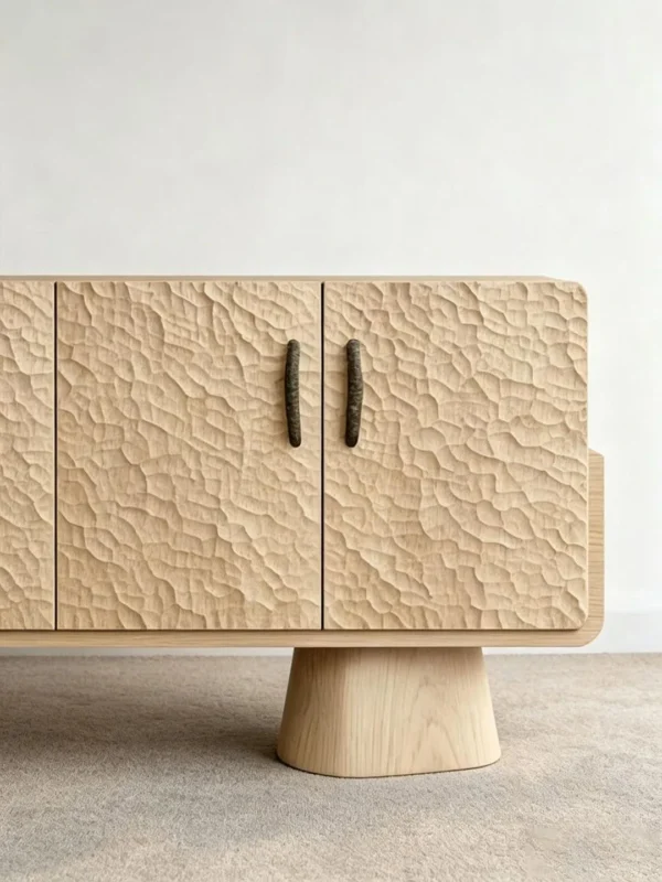 Hand-Carved Textured Oak Sideboard on Cone Feet in natural oak — detail