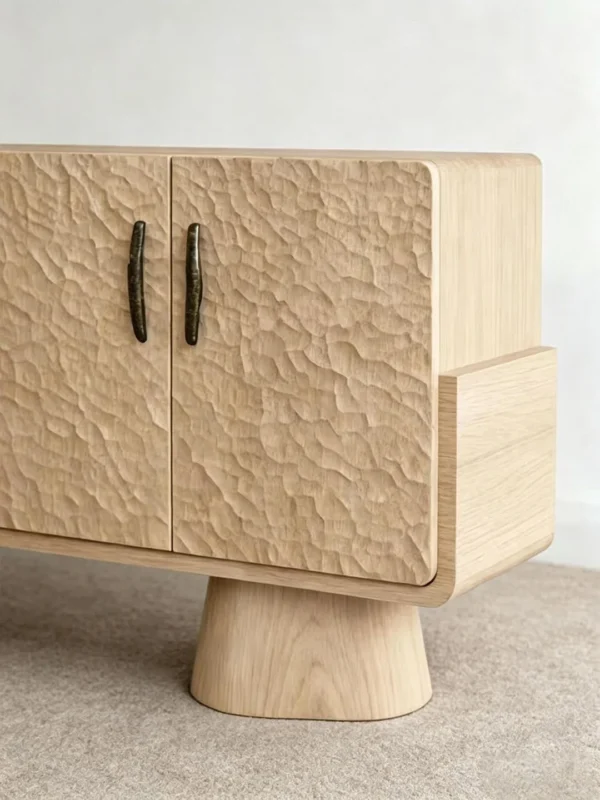 Hand-Carved Textured Oak Sideboard on Cone Feet in natural oak — detail