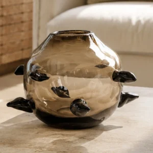 Hand-Made Smoked Glass Sphere Vase with Black Thorns in slate — front view
