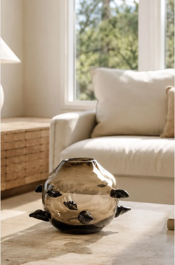Hand-Made Smoked Glass Sphere Vase with Black Thorns in slate — in a room setting