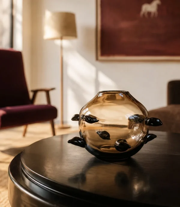 Hand-Made Smoked Glass Sphere Vase with Black Thorns in slate — in a room setting