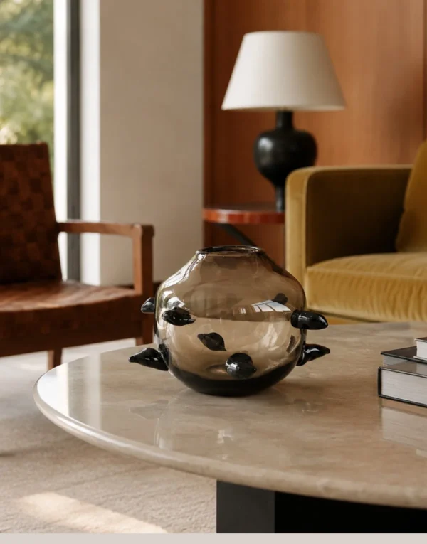 Hand-Made Smoked Glass Sphere Vase with Black Thorns in slate — in a room setting