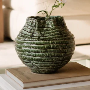 Hand-Made Spiral Layered Stoneware Vase in Moss Green — front view