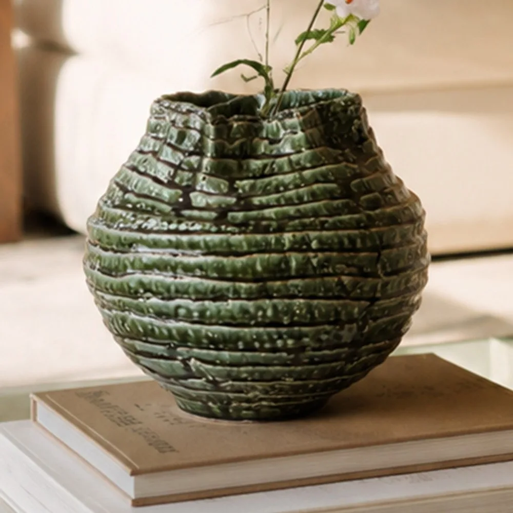 Hand-Made Spiral Layered Stoneware Vase in Moss Green — front view