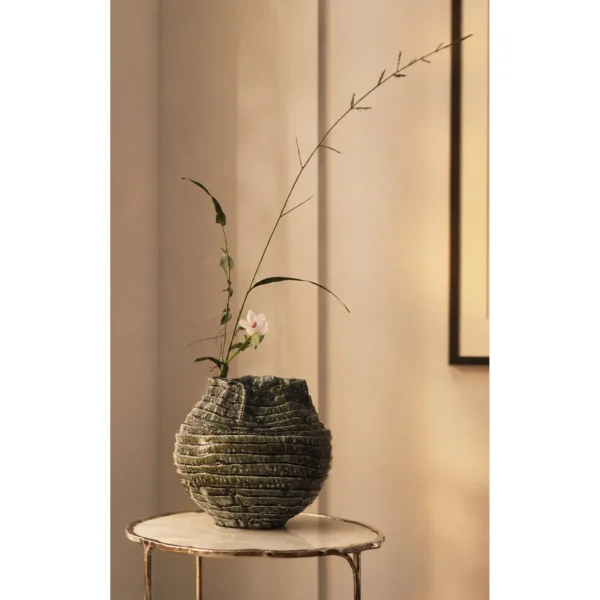Hand-Made Spiral Layered Stoneware Vase in Moss Green — in a room setting