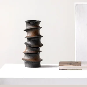 Hand-Made Stacked Spiral Sculpture Vase in Black and Bronze — front view