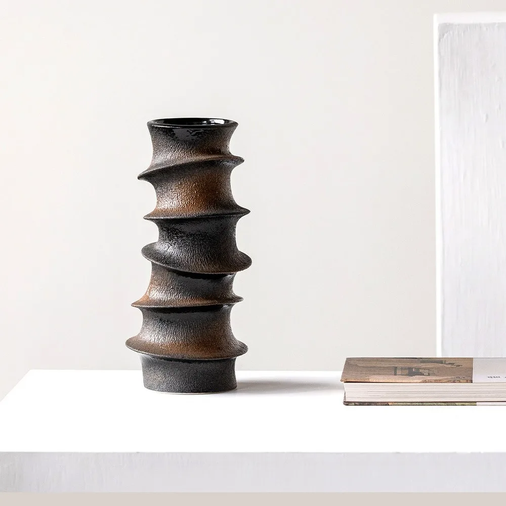 Hand-Made Stacked Spiral Sculpture Vase in Black and Bronze — front view