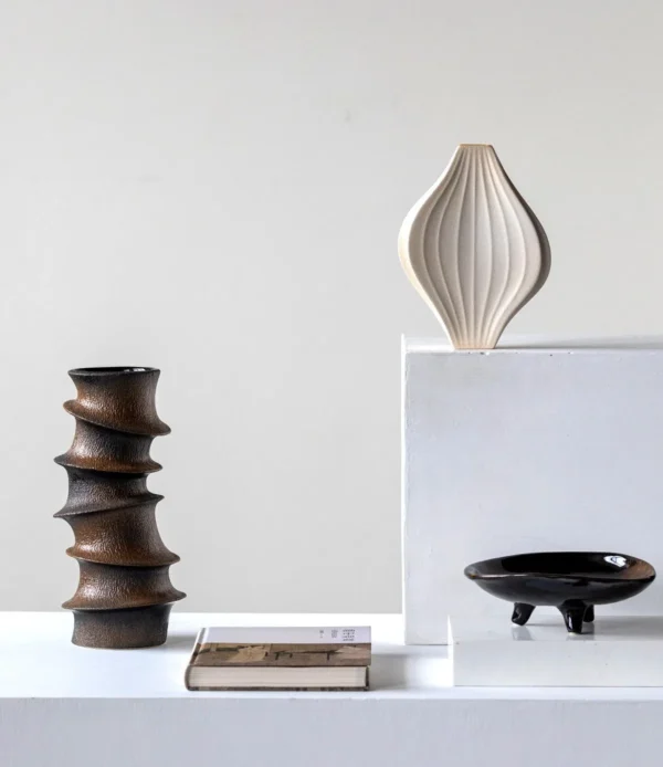 Hand-Made Stacked Spiral Sculpture Vase in Black and Bronze — in a room setting