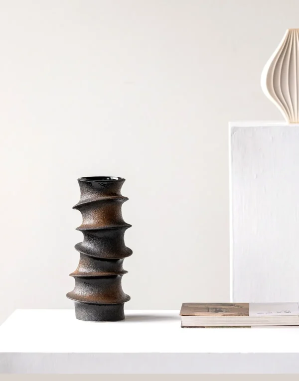 Hand-Made Stacked Spiral Sculpture Vase in Black and Bronze — in a room setting