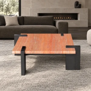 Red Travertine Coffee Table on Black Bracket Legs in rust — front view