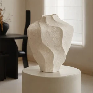 Designer Hand-Made Stoneware Folded Vase, Short in ivory — front view