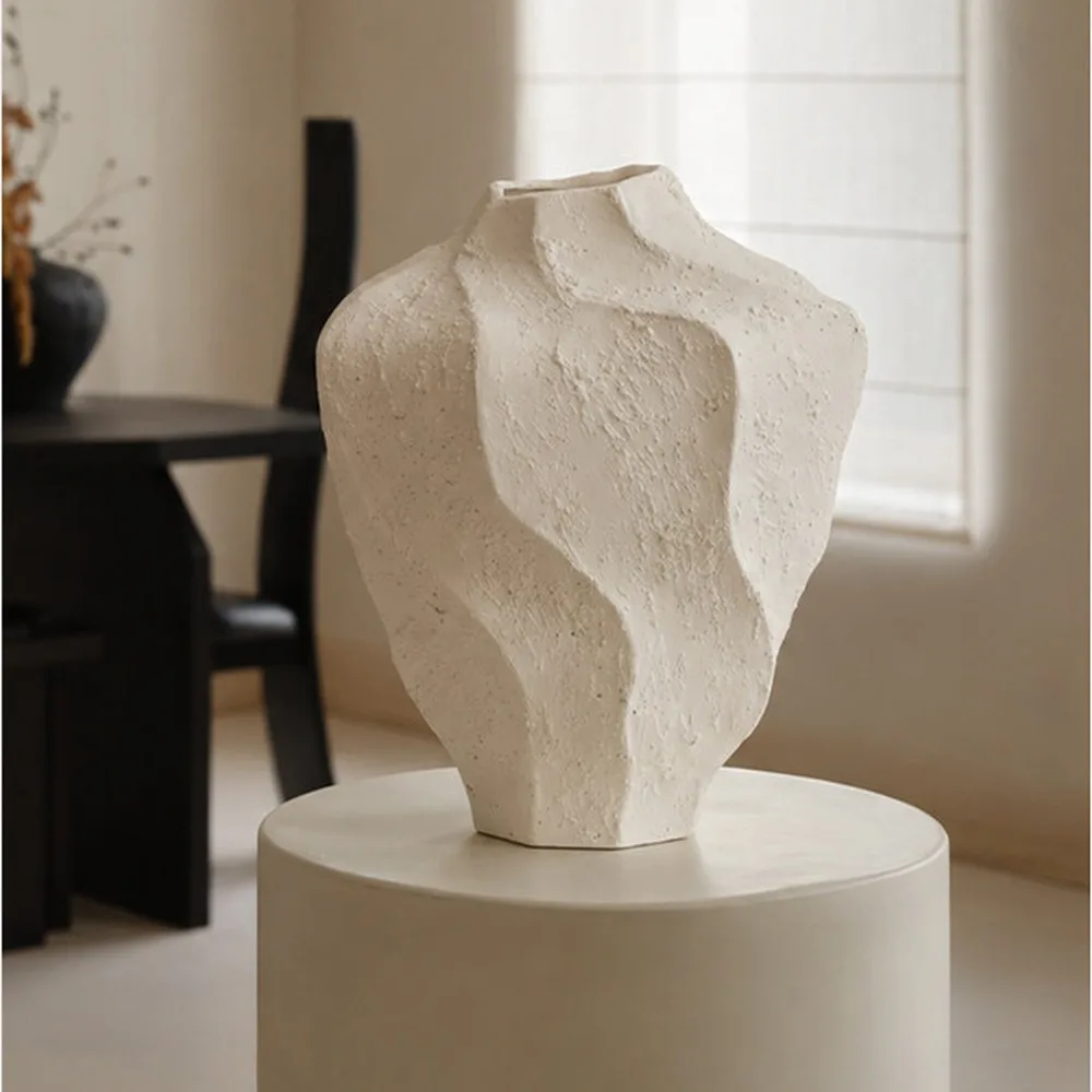 Designer Hand-Made Stoneware Folded Vase, Short in ivory — front view
