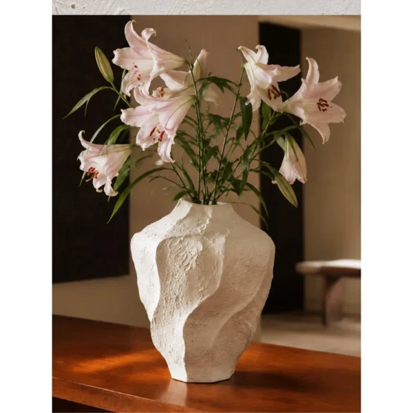 Designer Hand-Made Stoneware Folded Vase, Short in ivory — in a room setting