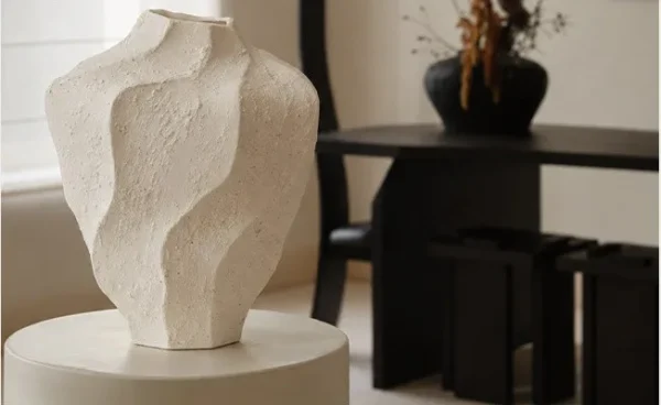 Designer Hand-Made Stoneware Folded Vase, Short in ivory — in a room setting