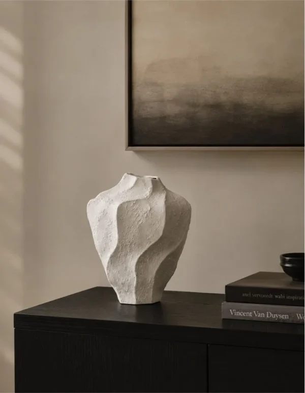 Designer Hand-Made Stoneware Folded Vase, Short in ivory — in a room setting