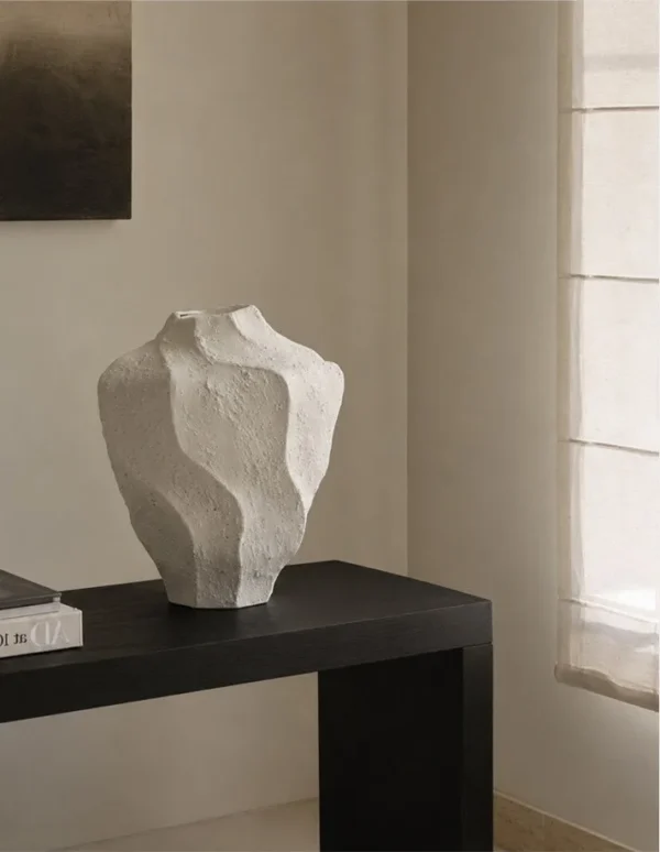Designer Hand-Made Stoneware Folded Vase, Short in ivory — in a room setting